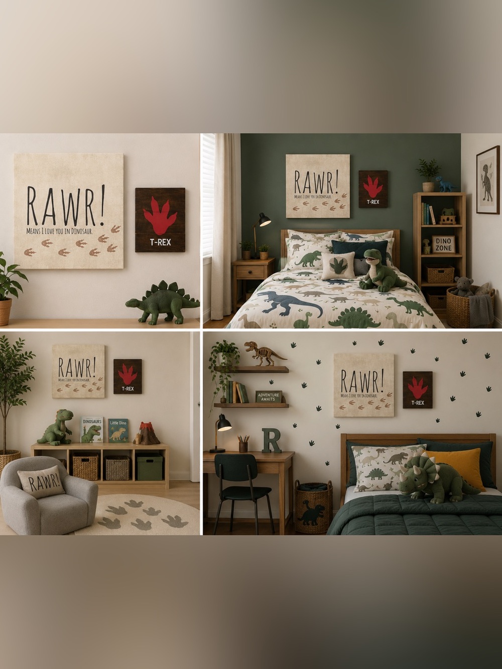 RAWR! Dinosaur Nursery Wall Art Set | T-Rex Decor | Kids Room | Set of 2